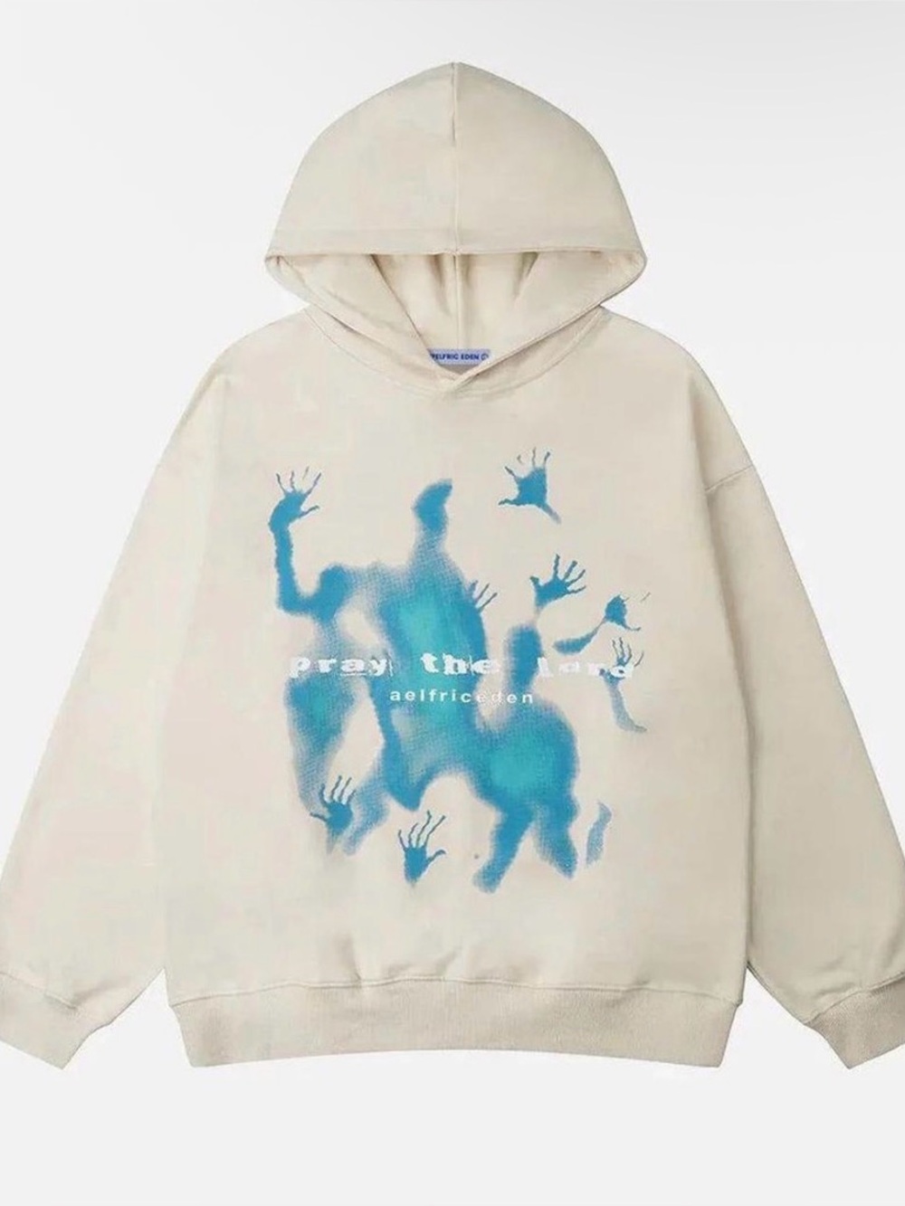 This is an Aelfric Eden Abstraction Shadow Print Hoodie in ivory featuring a blu
